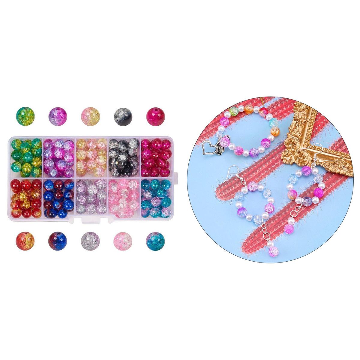 200x Mixed Colour Crackle Glass Beads Jewelry Making 8mm Gemstone DIY