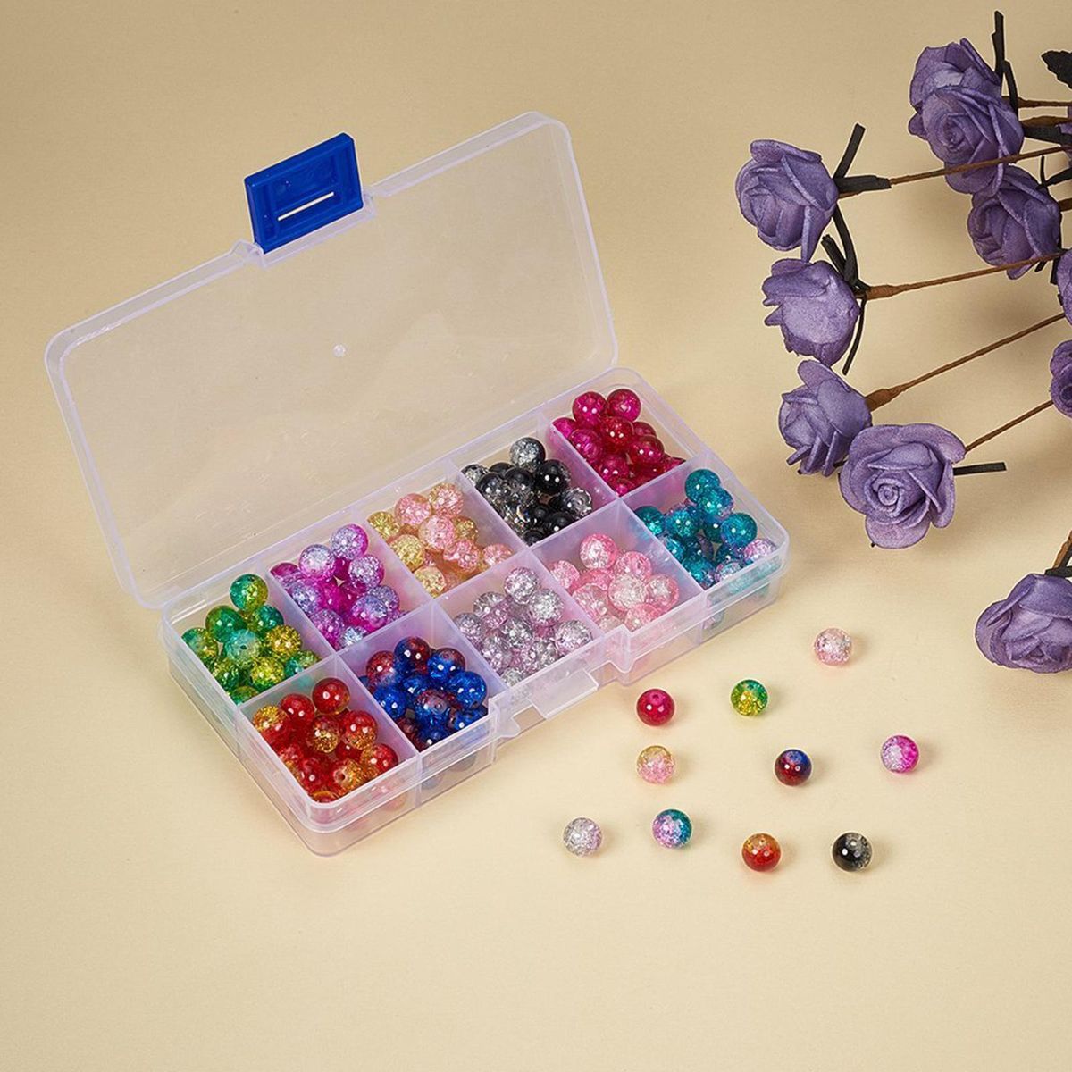 200x Mixed Colour Crackle Glass Beads Jewelry Making 8mm Gemstone DIY