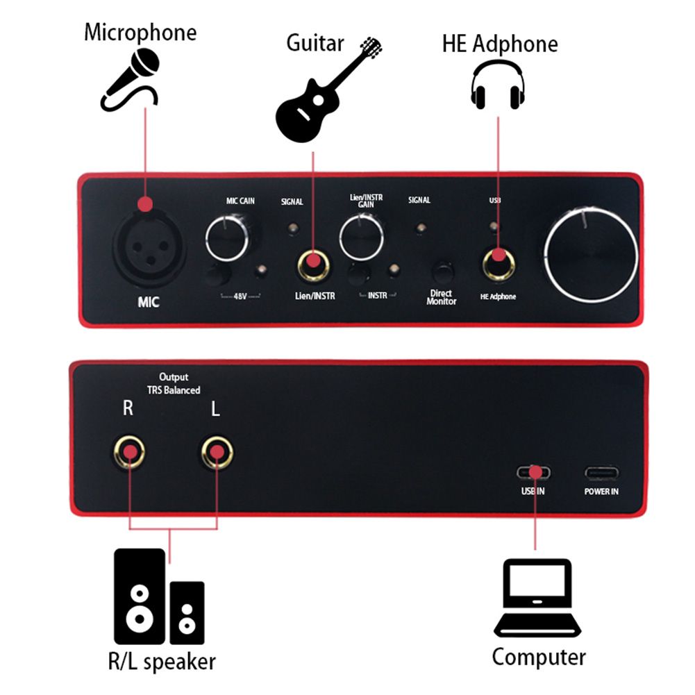 Audio Interface Sound Card With Monitoring Electric Guitar Live Recording Professional Sound Card For Studio Singing Mic Preamp