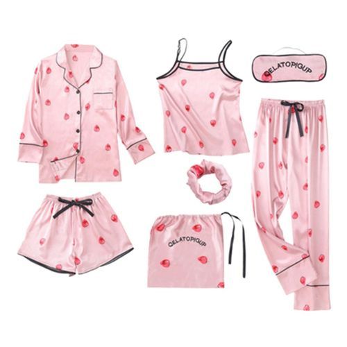 Ladies Satin Pajamas Set Long Sleeve Shirt Cami Top Shorts Pink XL