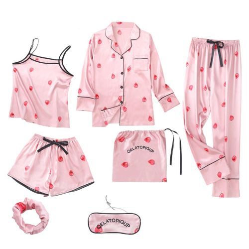 Ladies Satin Pajamas Set Long Sleeve Shirt Cami Top Shorts Pink XL