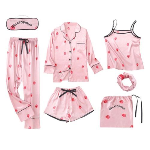 Ladies Satin Pajamas Set Long Sleeve Shirt Cami Top Shorts Pink XL