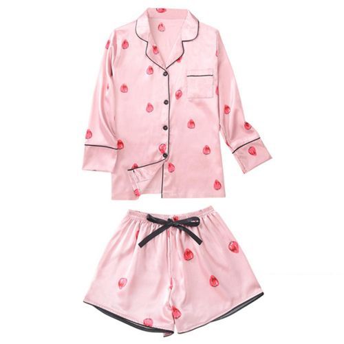 Ladies Satin Pajamas Set Long Sleeve Shirt Cami Top Shorts Pink XL