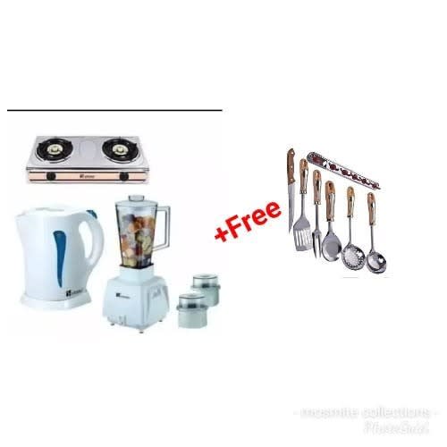 Double Face Gas Burner With 2L Electric Kettle & Electric Blender + Free Serving Spoons