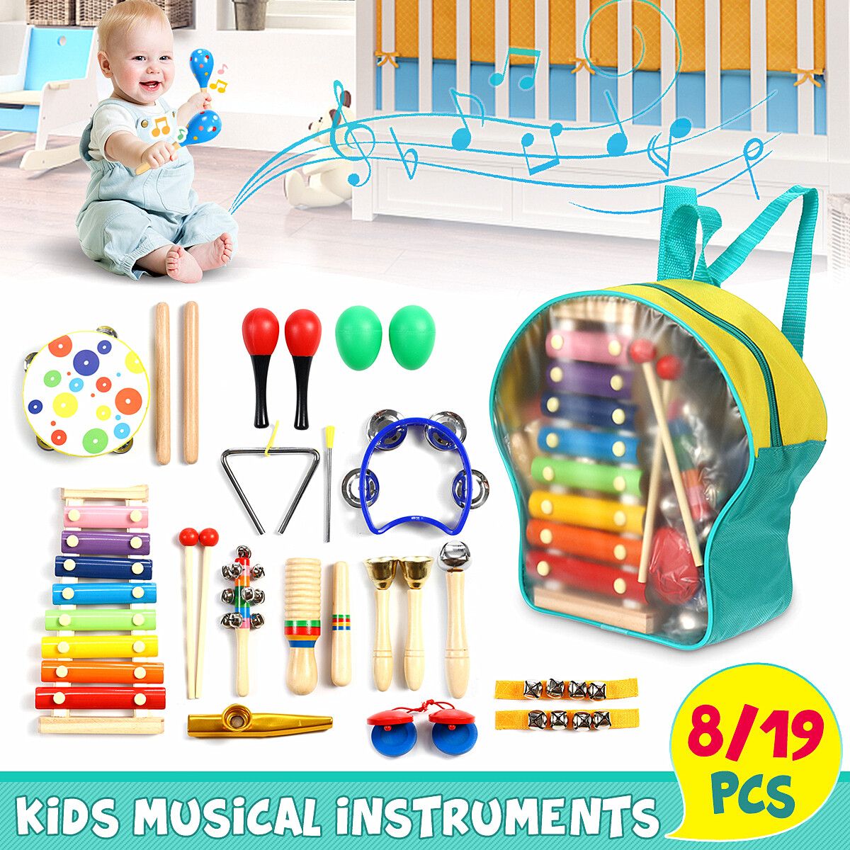 8/19Pcs Kids Children Musical Instrument Toys Set Drum Bell Hammer Trumpet Gift 19Pcs