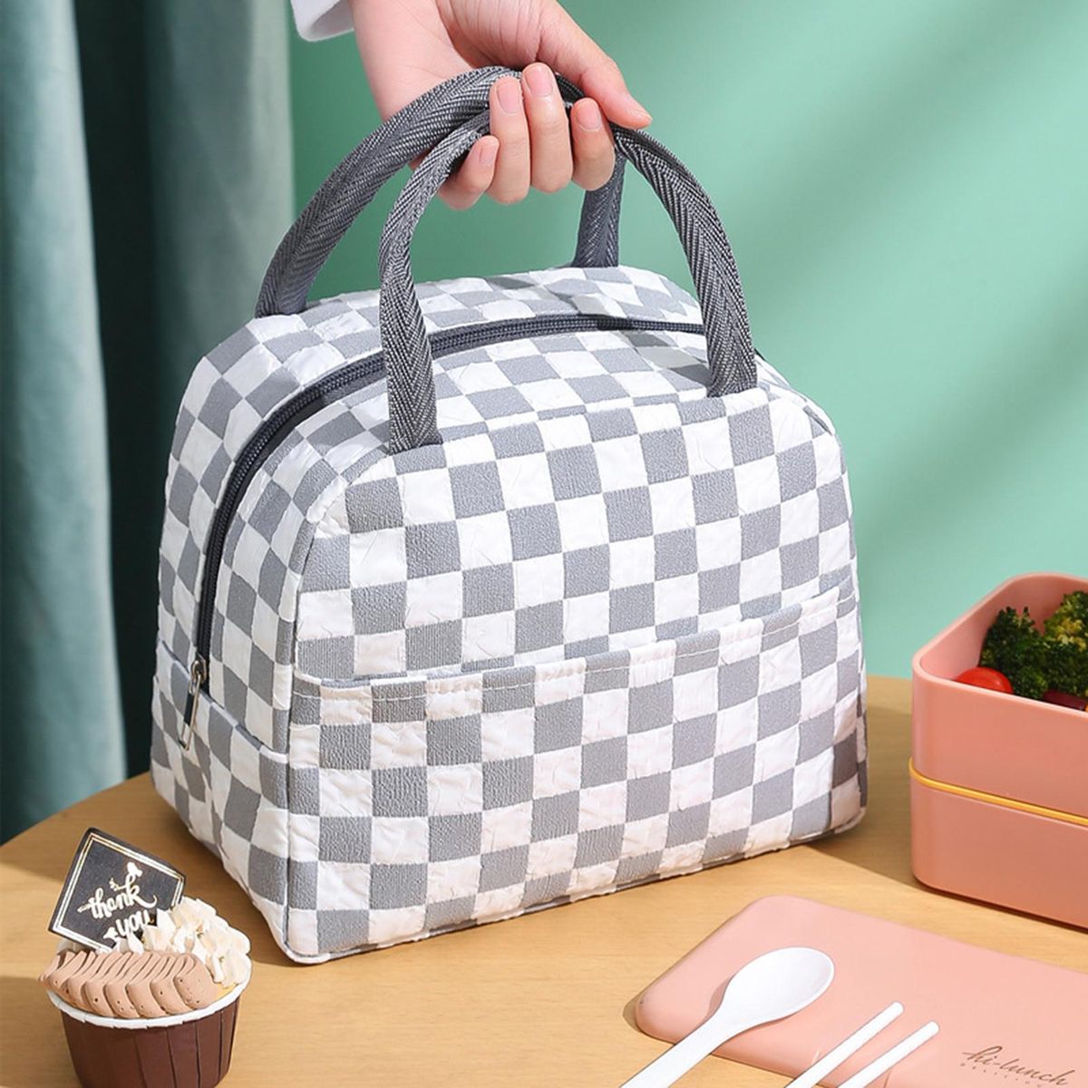 Lunch Box Bag Plaid Pattern Thermal Food Picnic Lunch Bag Grey