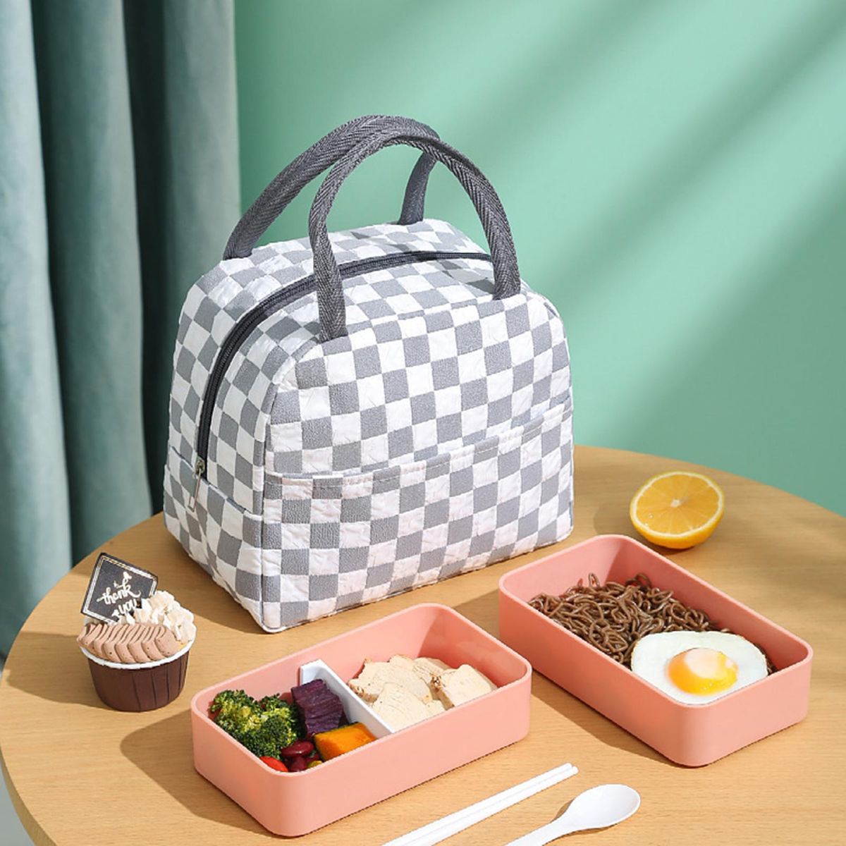 Lunch Box Bag Plaid Pattern Thermal Food Picnic Lunch Bag Grey