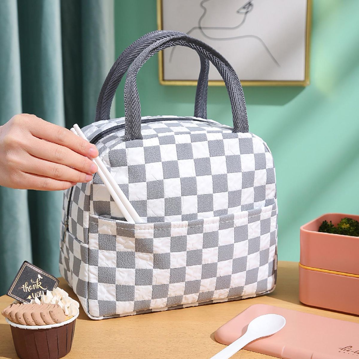 Lunch Box Bag Plaid Pattern Thermal Food Picnic Lunch Bag Grey