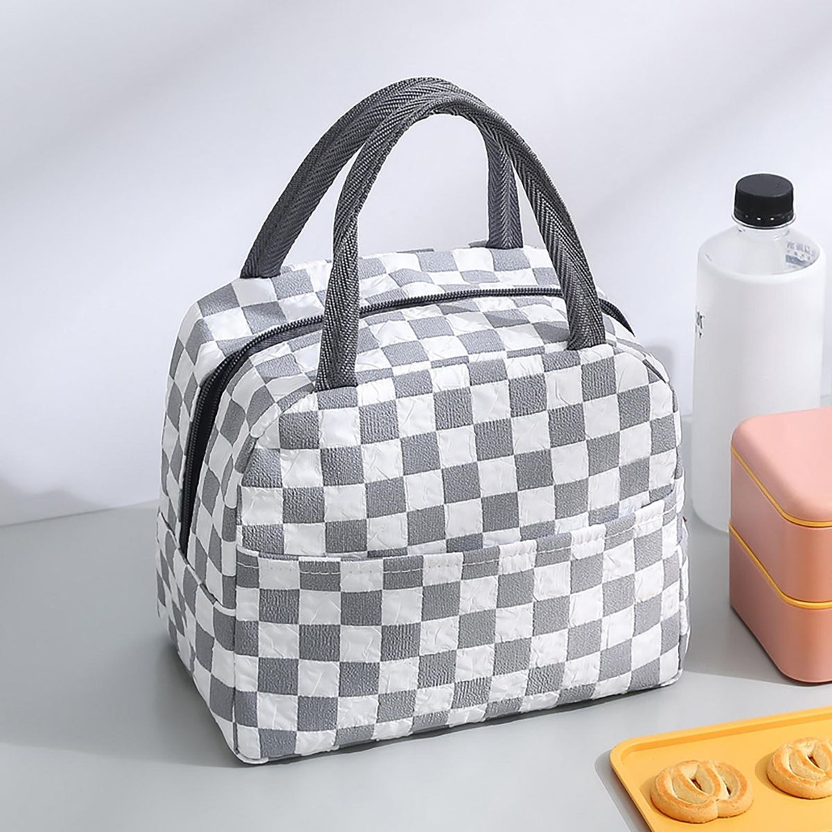 Lunch Box Bag Plaid Pattern Thermal Food Picnic Lunch Bag Grey