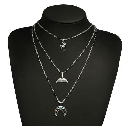 Bohemian Silver Colored Tree Whale Tail Pendant Necklace