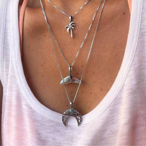 Bohemian Silver Colored Tree Whale Tail Pendant Necklace