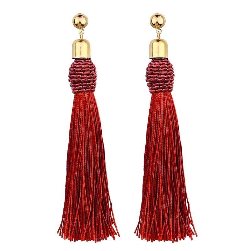 Bohemian Wedding Tassel Ear Studs Long Dangle Earrings-Red