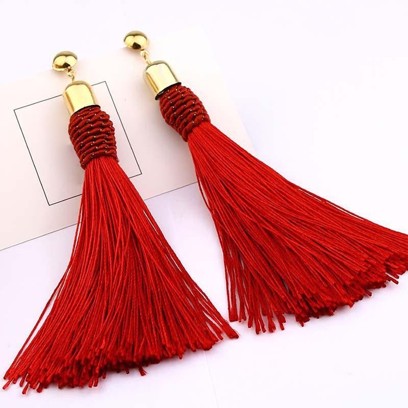 Bohemian Wedding Tassel Ear Studs Long Dangle Earrings-Red