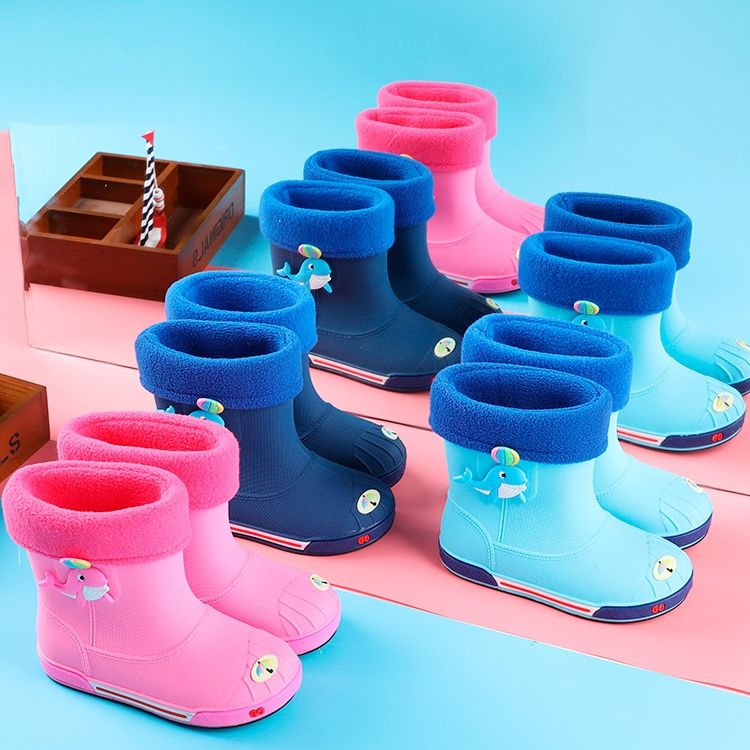 Children Non-Slip Plus Velvet Warm Cartoon Short Rain Boots, Size:Inner Length 18cm, Style:Without Cotton Cover(Dark Blue)