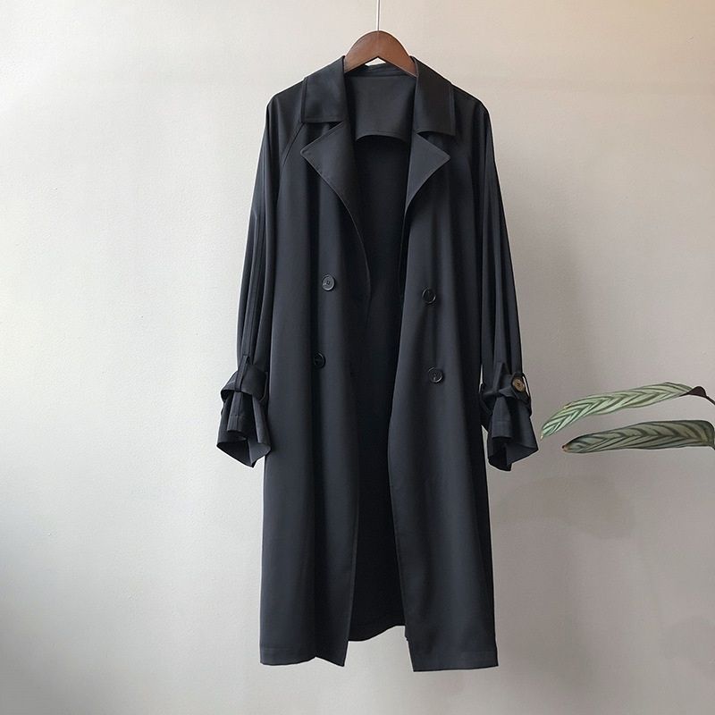 Ladies Long Loose Solid Color Windbreaker Jacket - Black