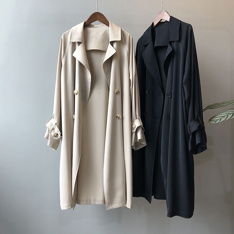 Ladies Long Loose Solid Color Windbreaker Jacket - Black