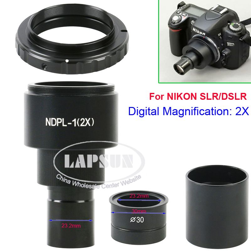 2X / 9.6X SLR Biological Microscope Eyepiece Lens Adapter 23.2mm 30mm T2 Mount For Canon Nikon EOS Camera