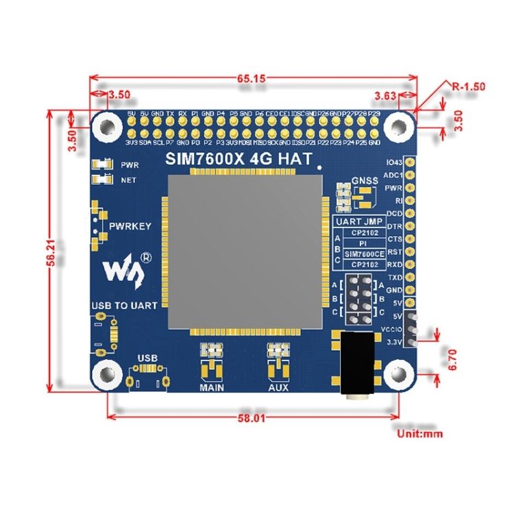 4G / 3G / 2G / GSM / GPRS / GNSS HAT For Raspberry Pi