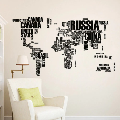 Large World Map Wall Stickers Original Creative Letters Map Wall Art Bedroom Home Decor