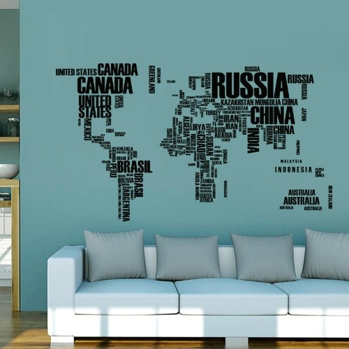 Large World Map Wall Stickers Original Creative Letters Map Wall Art Bedroom Home Decor