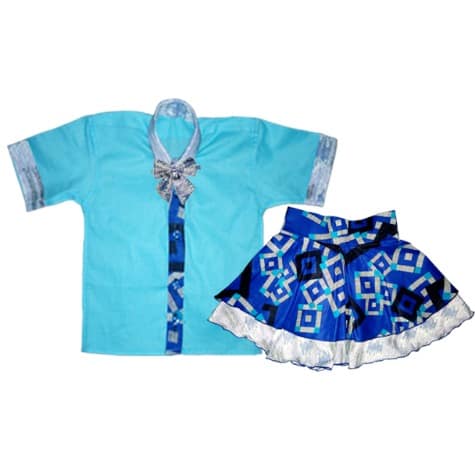Short Sleeves Shirt, Full Flare Skirt & Bow Tie - Blue