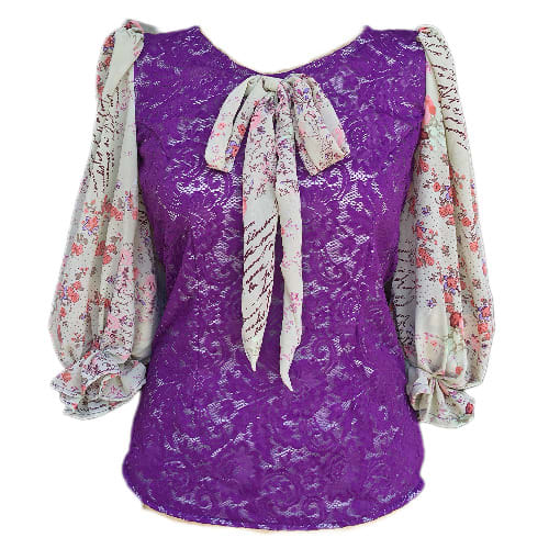 Female Lace Top - Purple Lace Blouse With Chiffon Bubble Sleeve