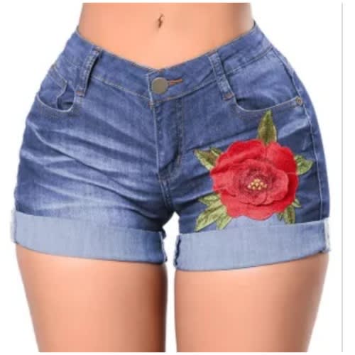 Rose Embroidered Turnup Cuff Denim Jeans