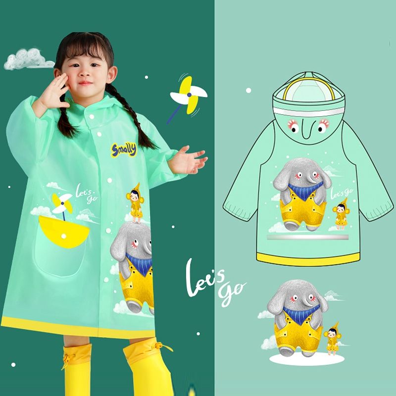 Smally Cartoon Children Raincoat EVA Waterproof Student Split Poncho-Mint Green