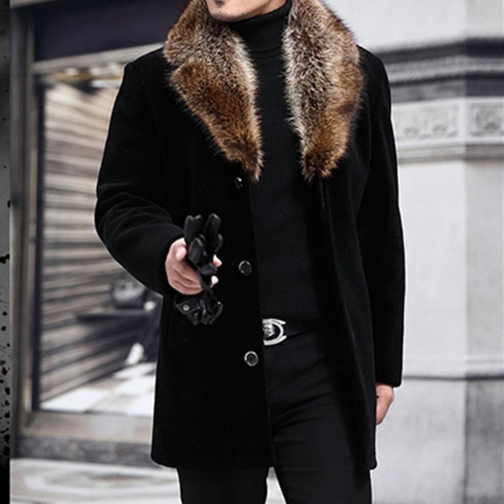 Men Long Woolen Coat Fur Collar Warm Male Solid Slim Casual Windbreaker Jacket
