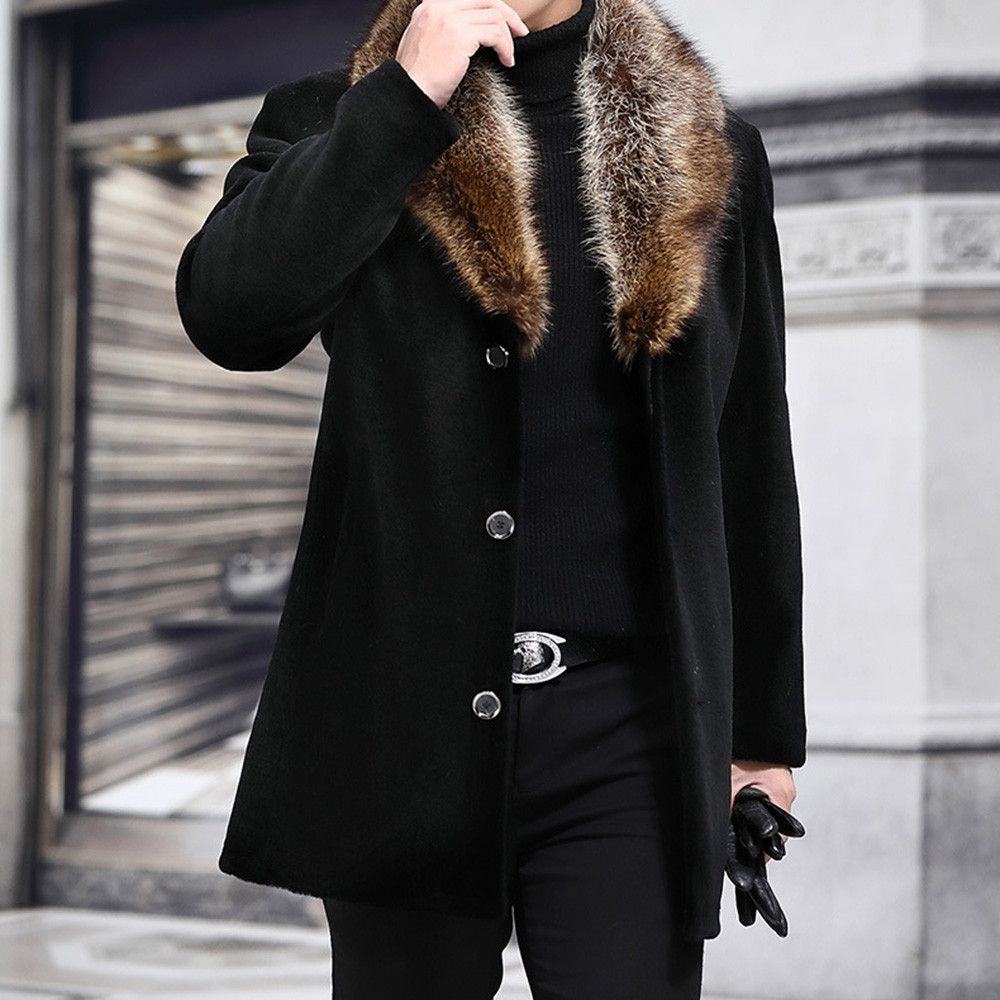 Men Long Woolen Coat Fur Collar Warm Male Solid Slim Casual Windbreaker Jacket