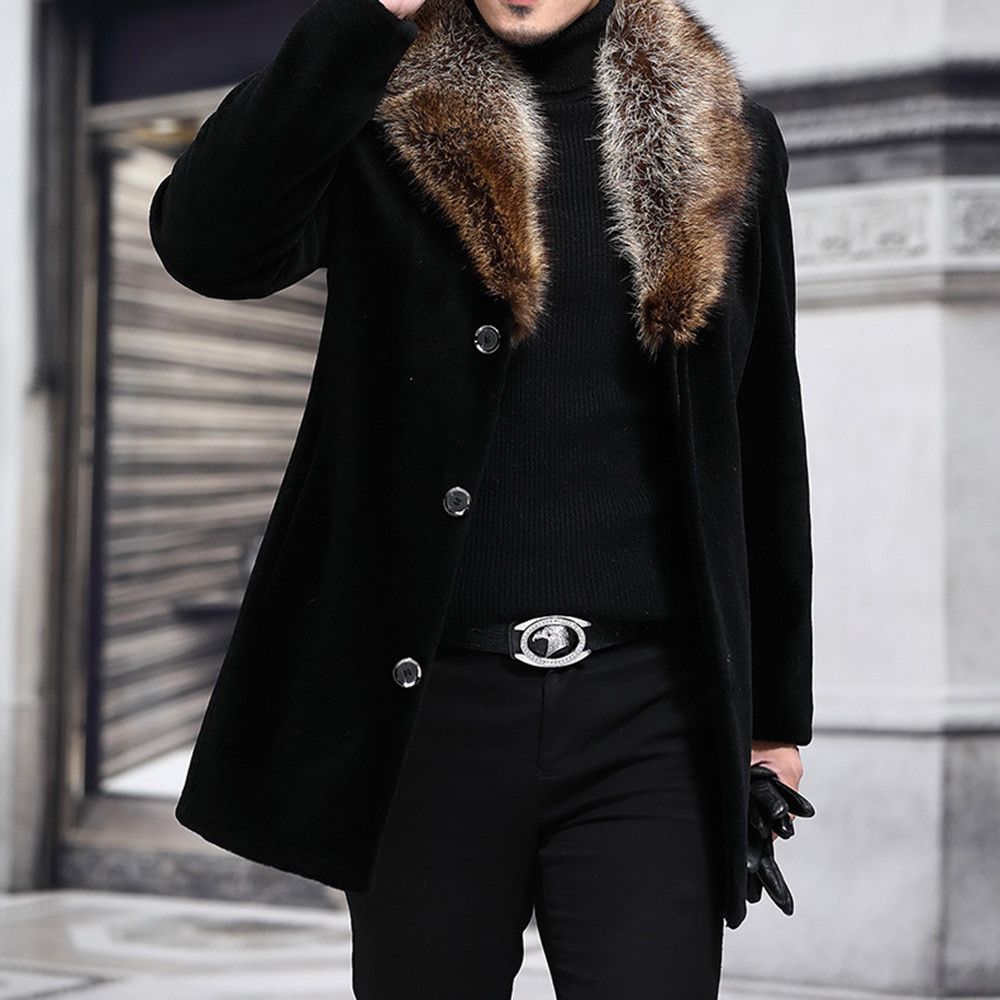 Men Long Woolen Coat Fur Collar Warm Male Solid Slim Casual Windbreaker Jacket