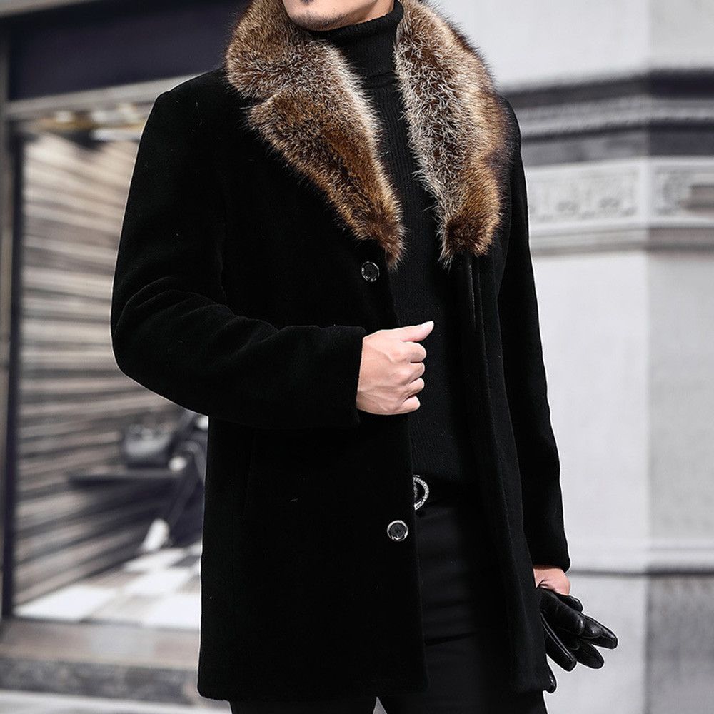 Men Long Woolen Coat Fur Collar Warm Male Solid Slim Casual Windbreaker Jacket