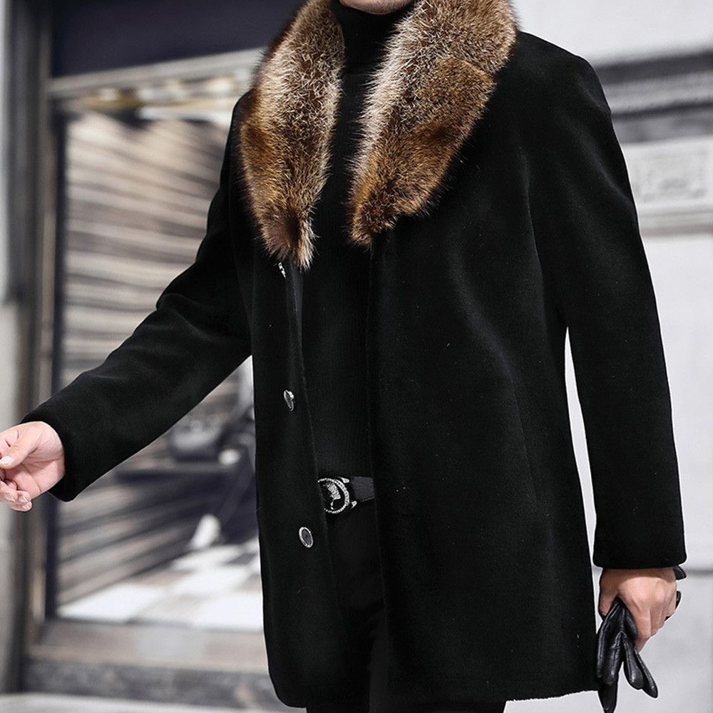 Men Long Woolen Coat Fur Collar Warm Male Solid Slim Casual Windbreaker Jacket