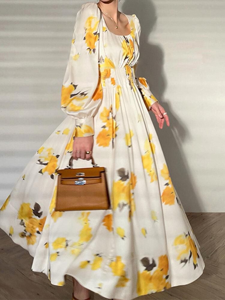 Flower Print Lantern Sleeve Ruched Maxi Dress