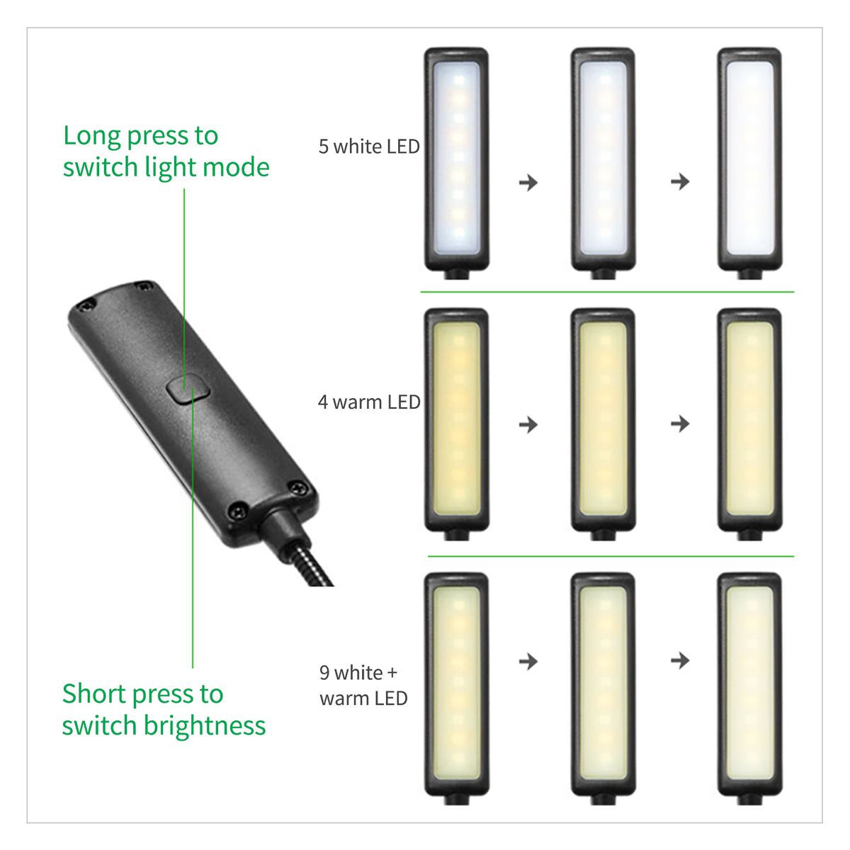 Rechargeable Book Light 9 LED Reading Light With 3 Color
