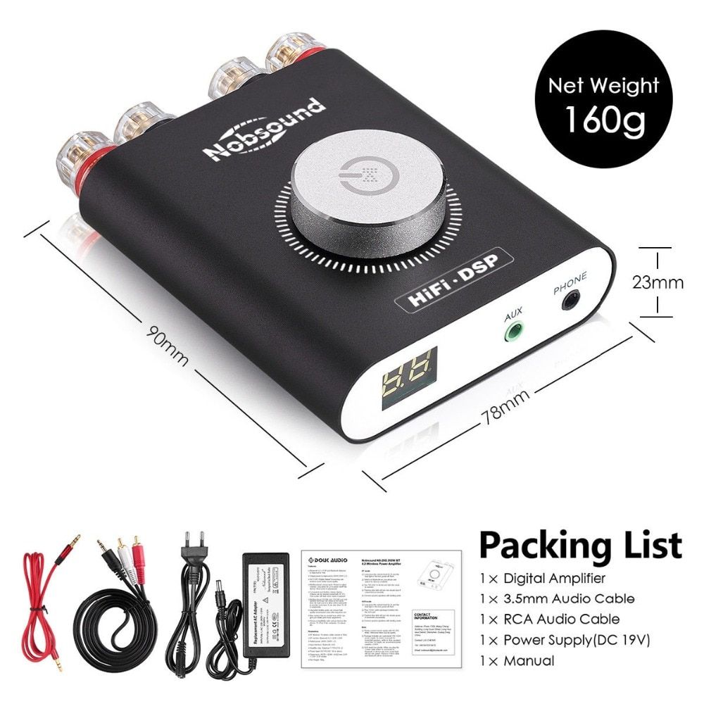 Nobsound HiFi NS-20G Mini Bluetooth 5.0 TPA3116 Digital Power Amplifier Hifi DSP Stereo Headphone Amp 100W+100W With Adapter