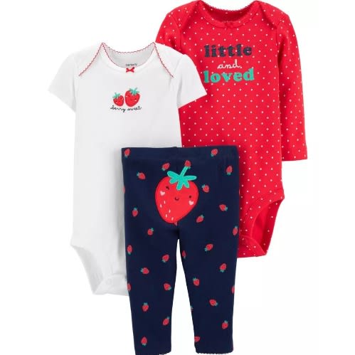 Baby Girl Berry Sweet Bodysuit And Matching Pant - 3 Set- Red