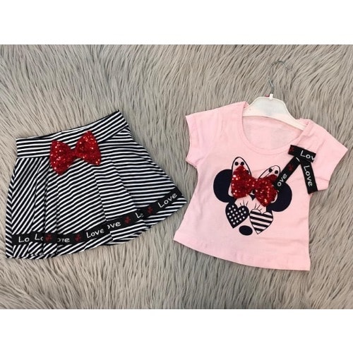 Love Bow Pink Top With Black & White Stripes Skirt