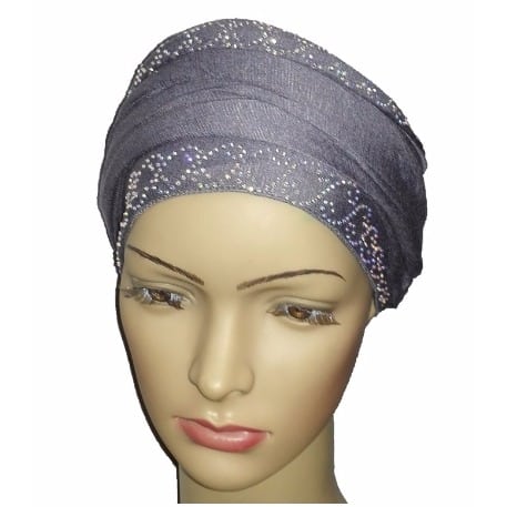 Silky Soft Regal Front Studded Turban with Chain Link Design - Slate Grey