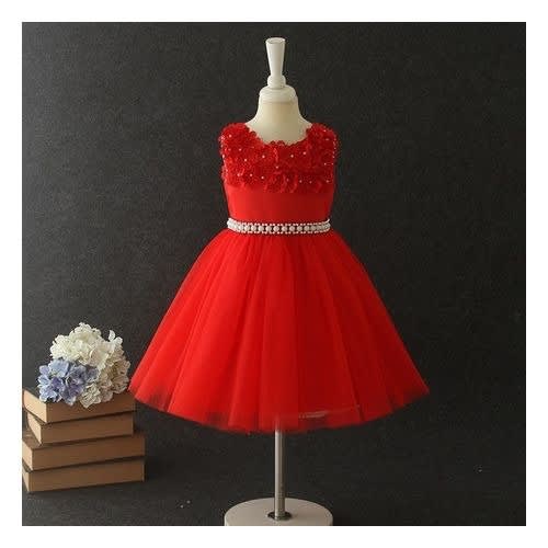 Girl Gown Petal Chest With Pearls - Red