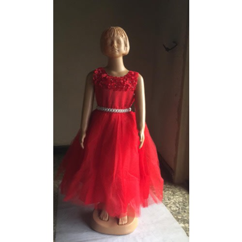 Girl Gown Petal Chest With Pearls - Red