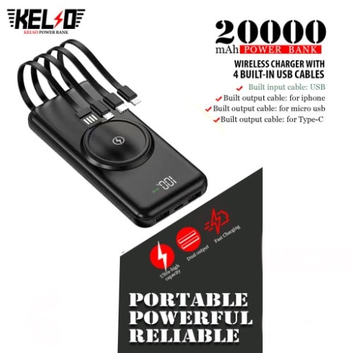 Powerbank With Cable & Wireless Charging - 20000mAh