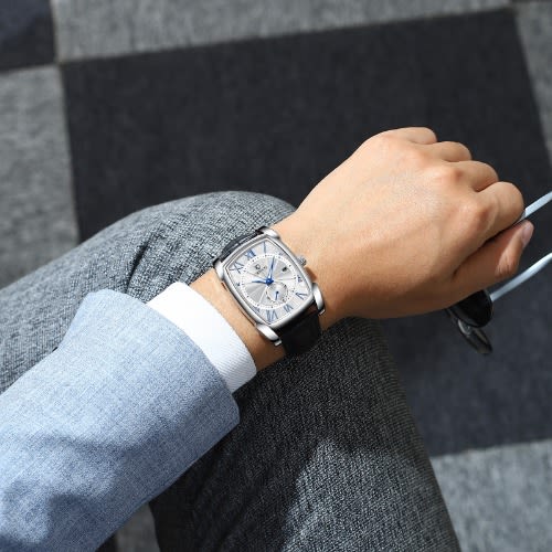 Men's Leather Silver Shell Wristwatch - Black