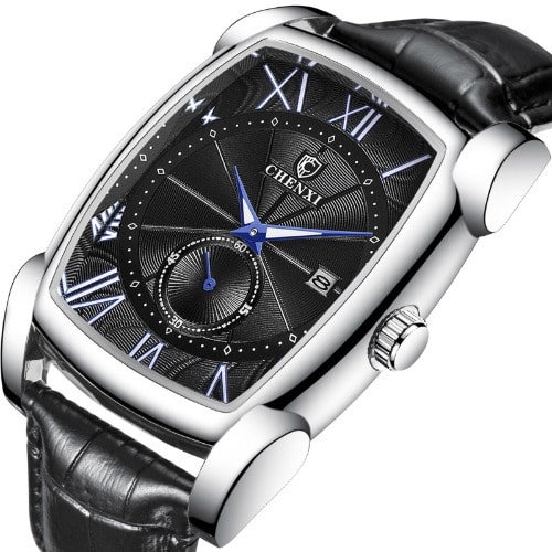 Men's Leather Silver Shell Wristwatch - Black