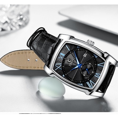 Men's Leather Silver Shell Wristwatch - Black