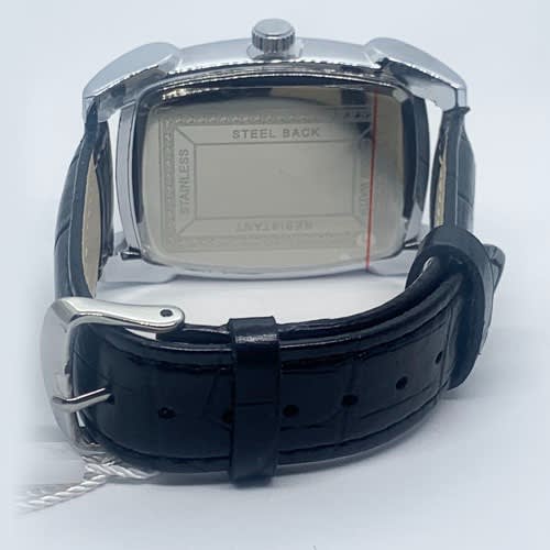 Men's Leather Silver Shell Wristwatch - Black