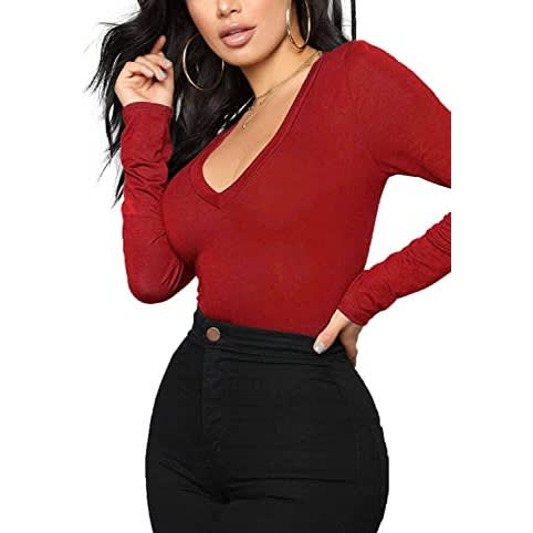 Long Sleeve V Neck Top  - Wine