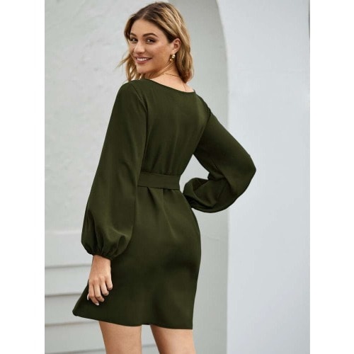 Boat Neck & Bishop Sleeve Belted Dress-green