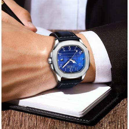 Men's Business Leather Wristwatch - Sliver + Blue