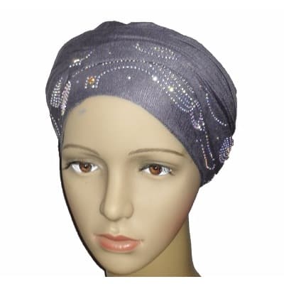 Silky Soft Regal Front Studded Turban with Wave and Circle Design - Slate Grey